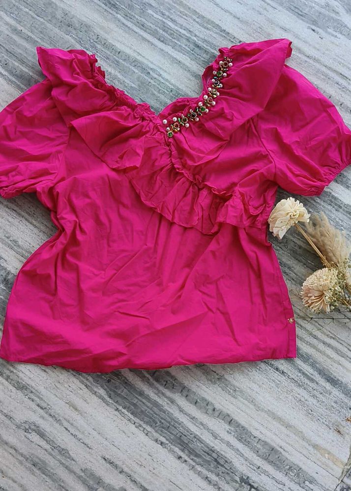 Pink Ruffle Top with stones embellished,Korean
