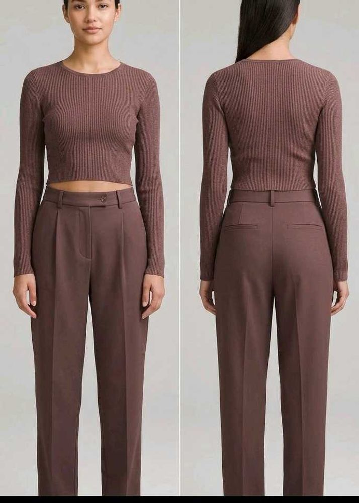 Chic Ribbed Crop Top &amp; Pleated Trousers Set