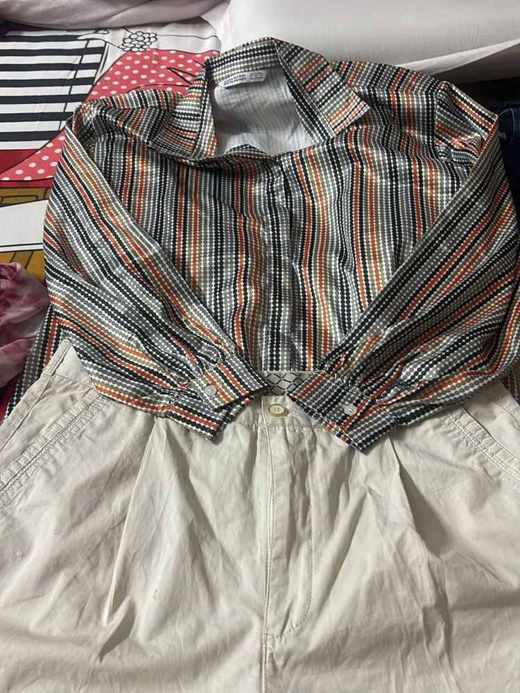Button-Up Shirt with off white pleated pants