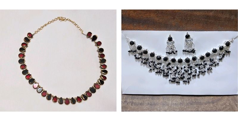 Ruby Red &amp; Silver Plated Choker Necklace Combo