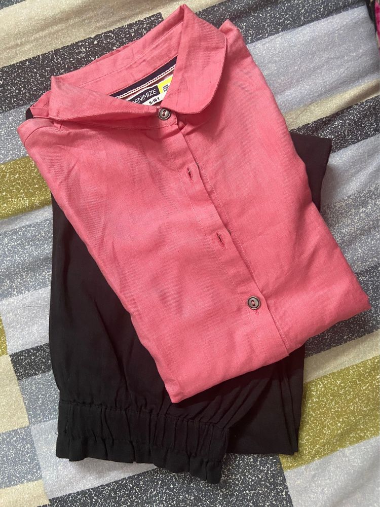 Pink High Low Girls Shirt With High Waist Pant Black