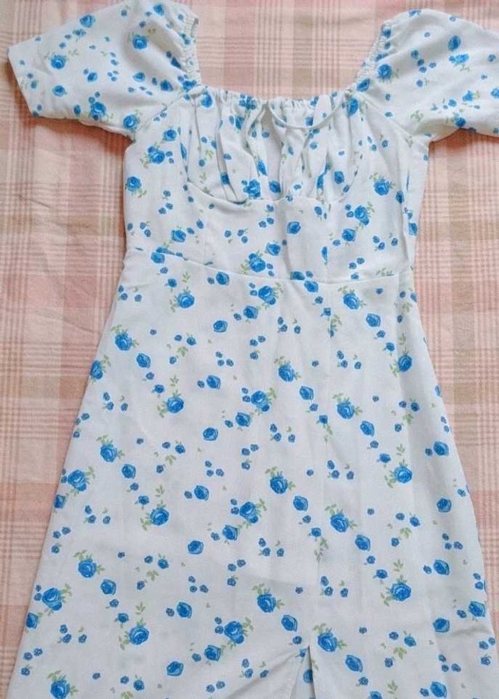 Blue Floral Puff Sleeve Mini Dress