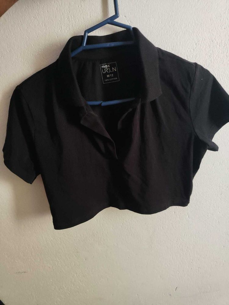 Black Cropped Polo Top
