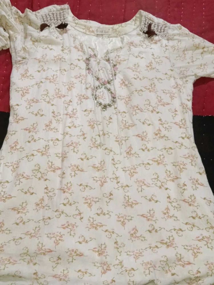 White Floral Print Kurti