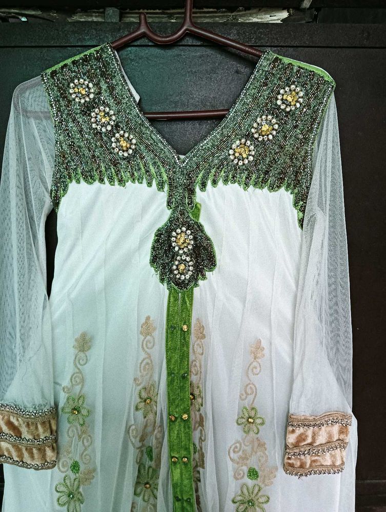 Embellished White &amp; Green Dress