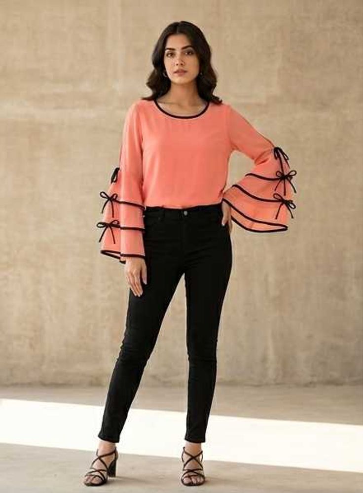 Peach Cold-Shoulder Top with Tiered Bell Sleeves