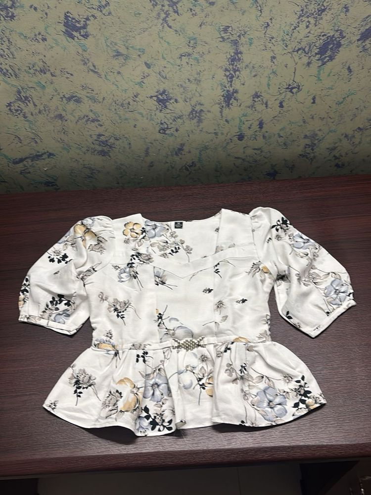 Floral Peplum Blouse with Embellished Waist