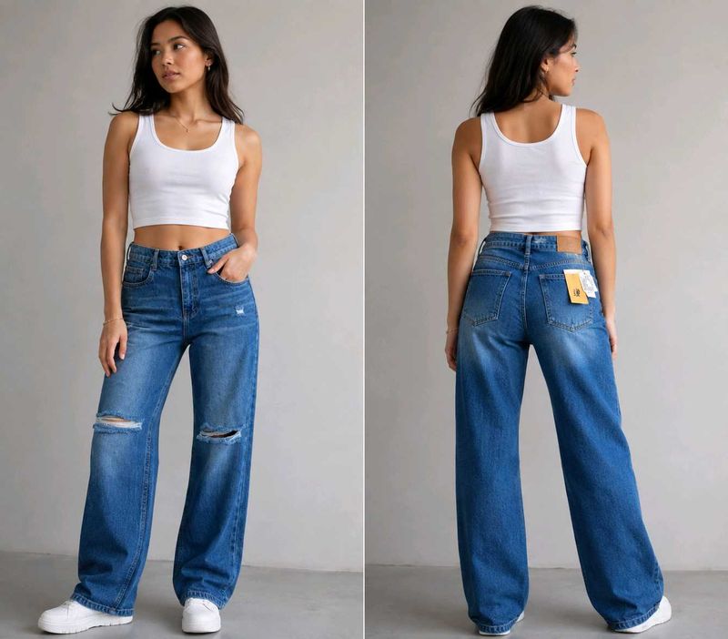 Trendy Ripped Wide Leg Jeans