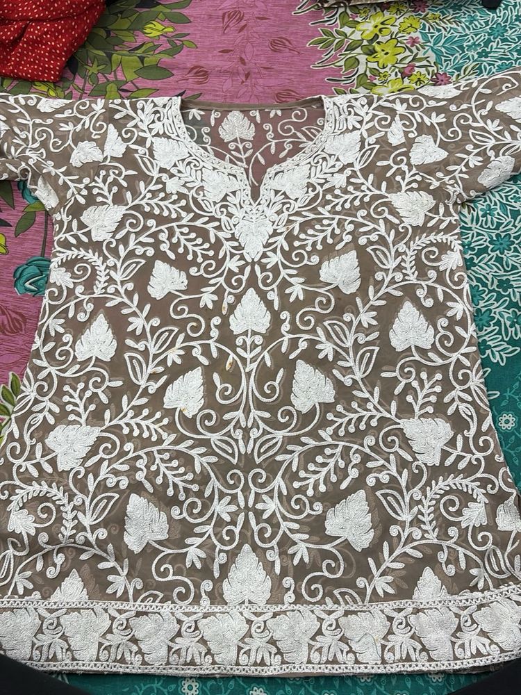 Sheer Embroidered Net Kurti (Lucknowi/Chikankari)