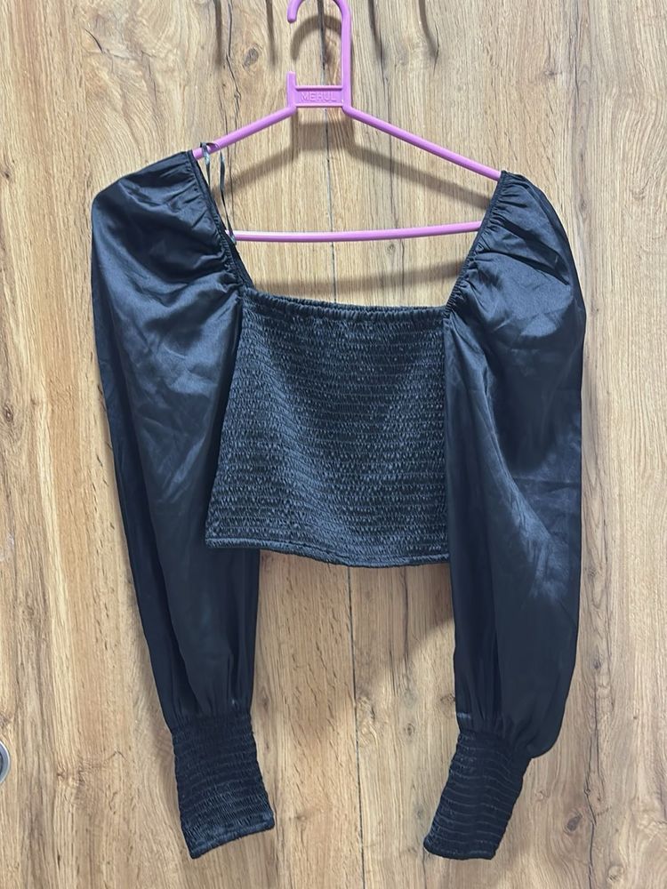 Black Smocked Square Neck Top