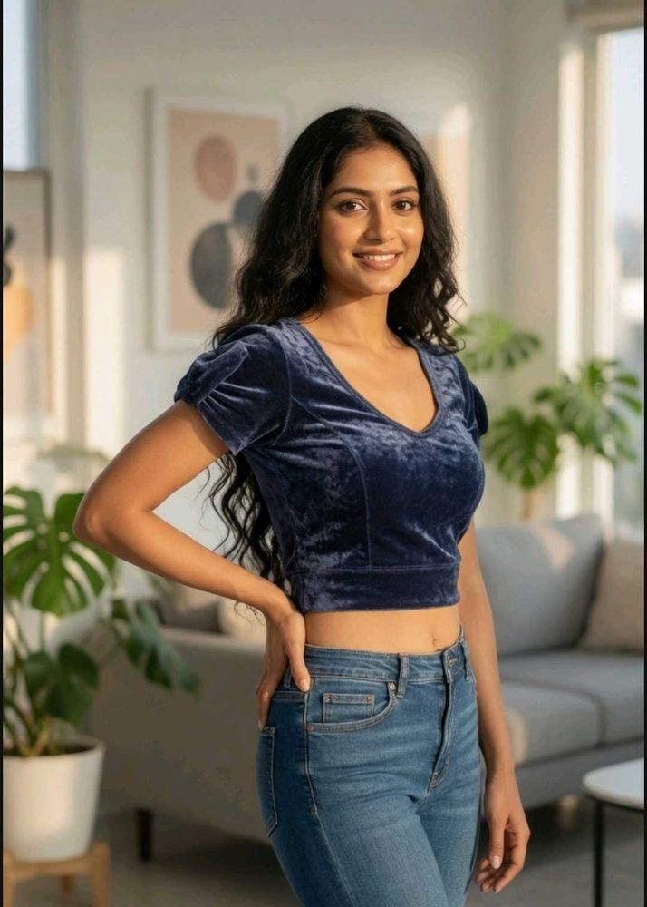 Velvet Puff Sleeve Crop
