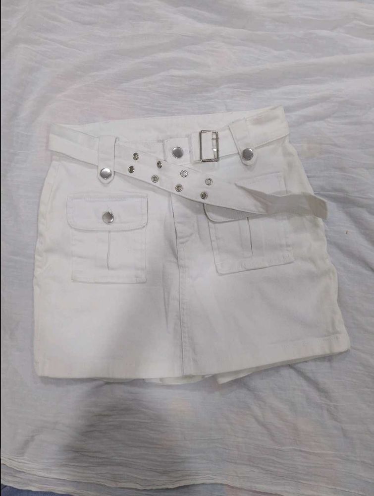 White Utility Denim Skort with Belt