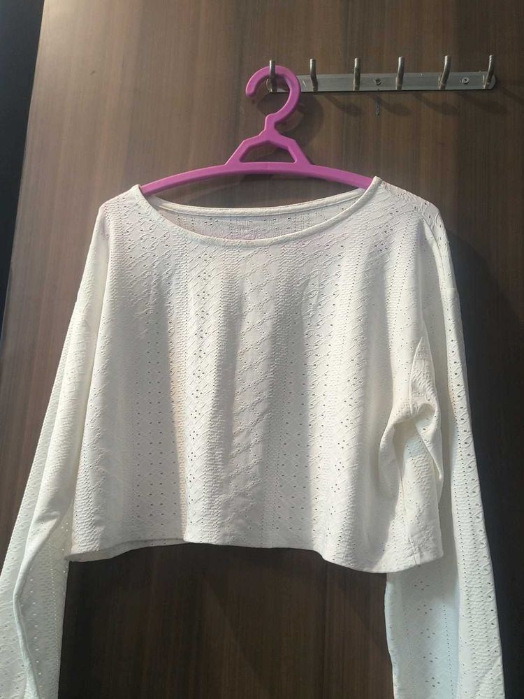 Cropped White Long Sleeve Top