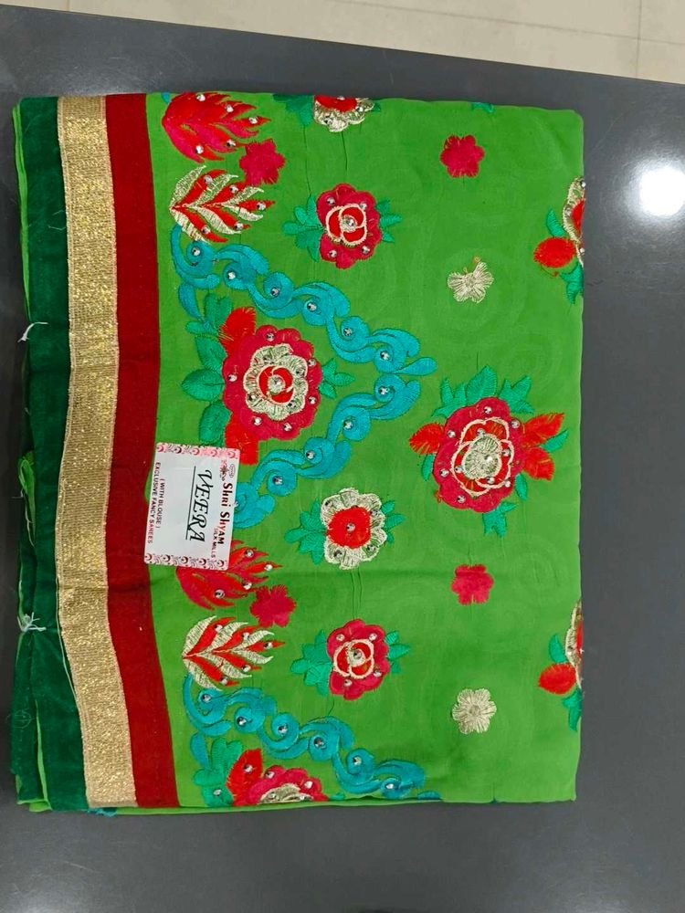 Vibrant Embroidered Green Saree