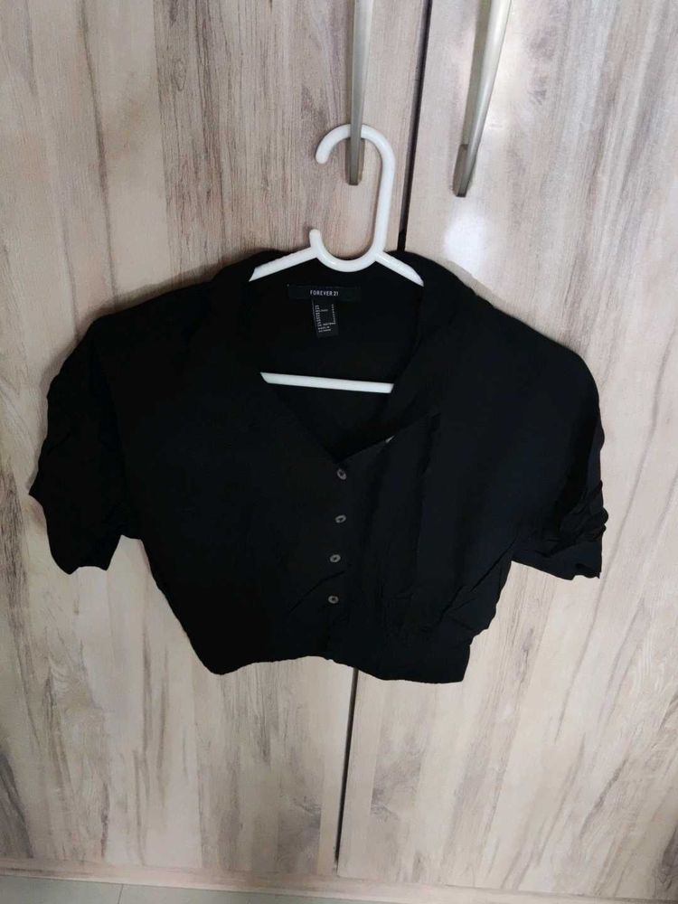 Black Cropped Button-Up Top