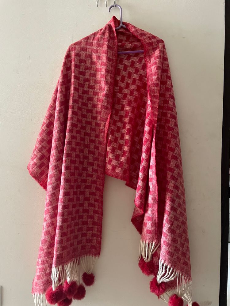 Red Checkered Shawl With Pom-Pom