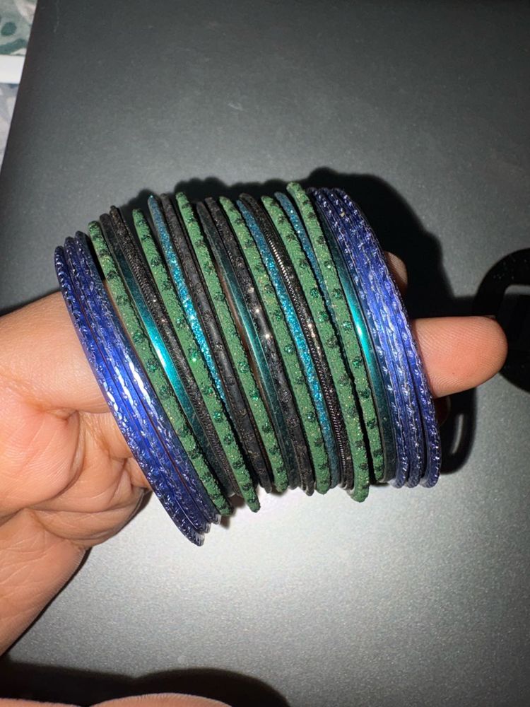 Chatpate Blue &amp; Green Glitter Bangles Set