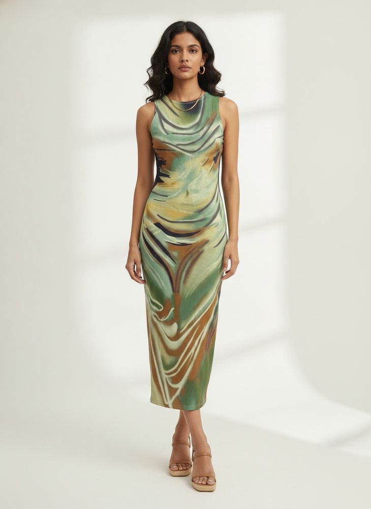 Abstract Print Sleeveless Midi Dress