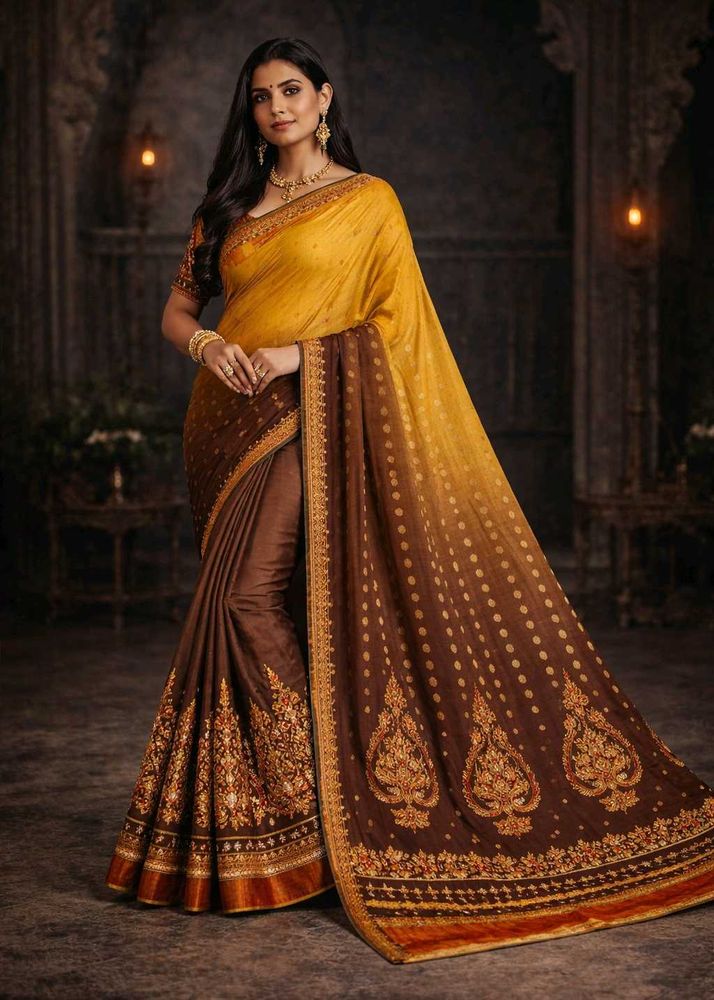 🇳🇿💫🎀Elegant Yellow &amp; Brown Embroidered Saree