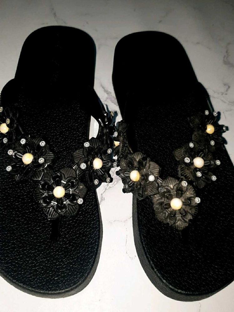 Embellished Black Flip-Flops