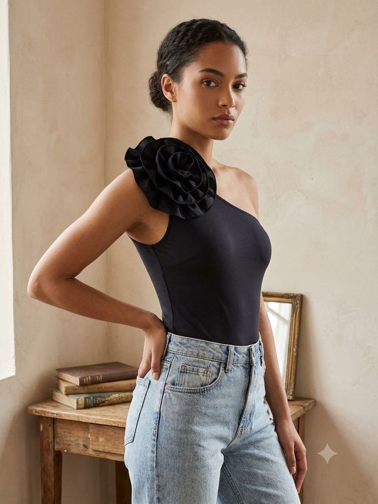 Chic Black One-Shoulder Top with Flower Accent