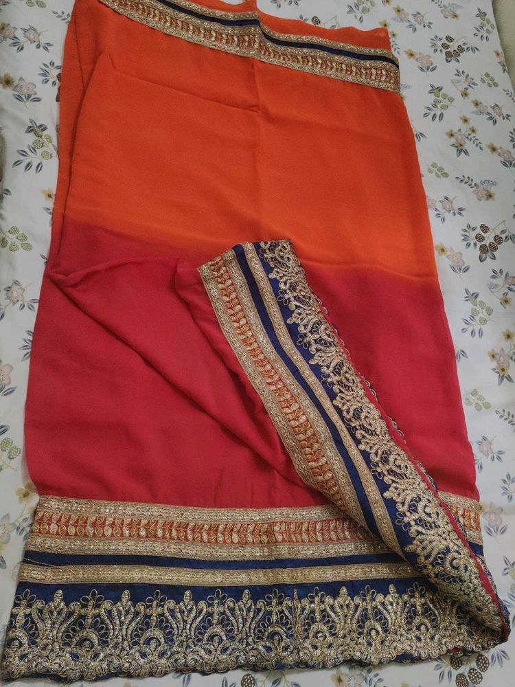 Ombre Orange &amp; Red Embroidered Saree