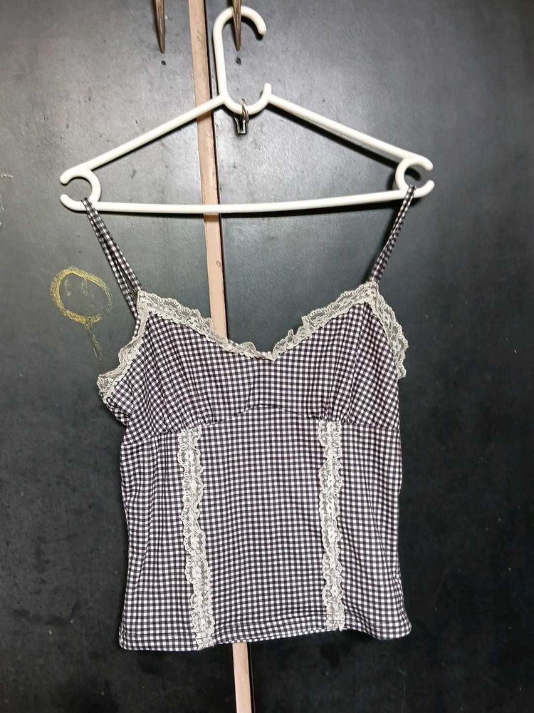 Gingham Camisole Top with Lace Trim