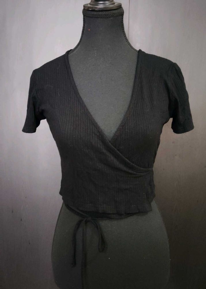 Black Ribbed Wrap Crop Top
