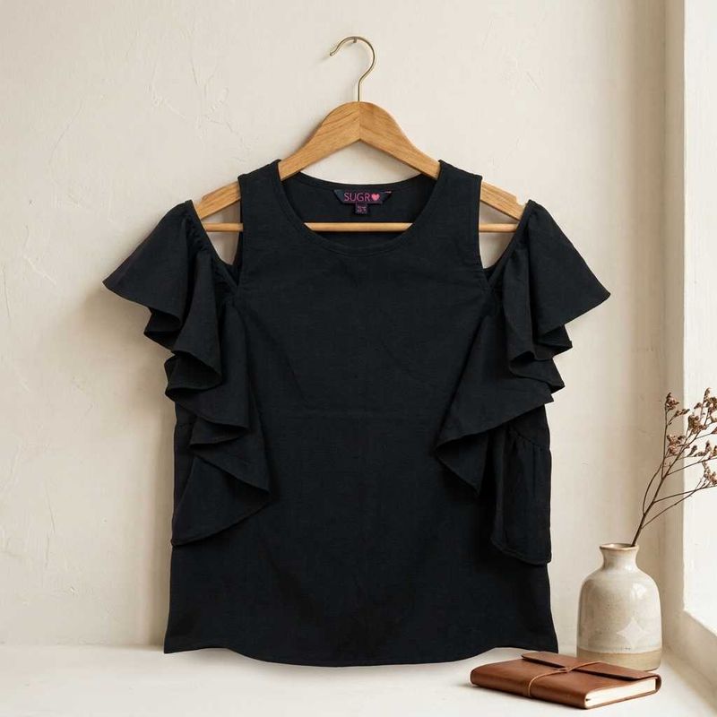 Chic Black Cold Shoulder Ruffle Top