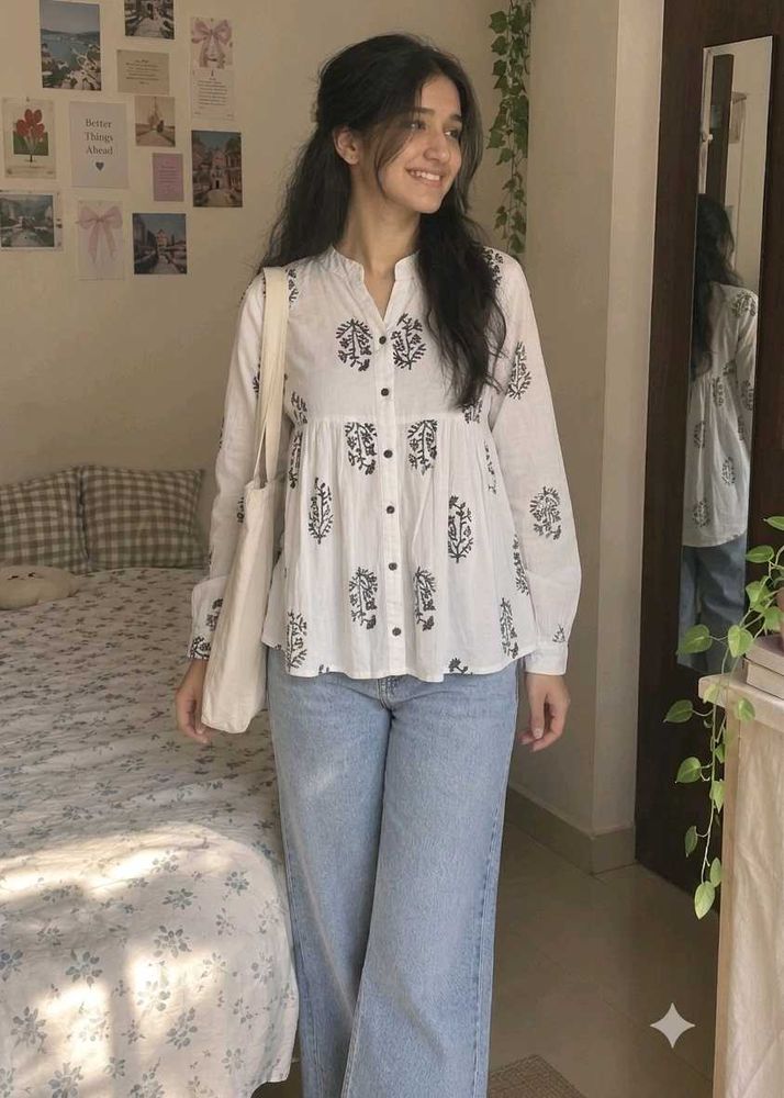 White Printed Cotton Kurta