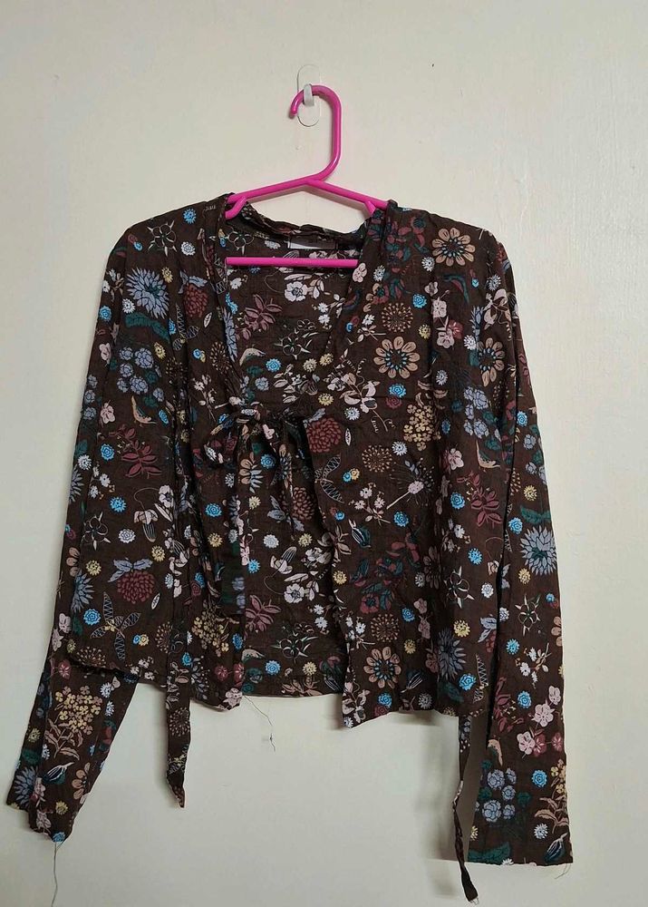 Brown Floral Tie-Front Top