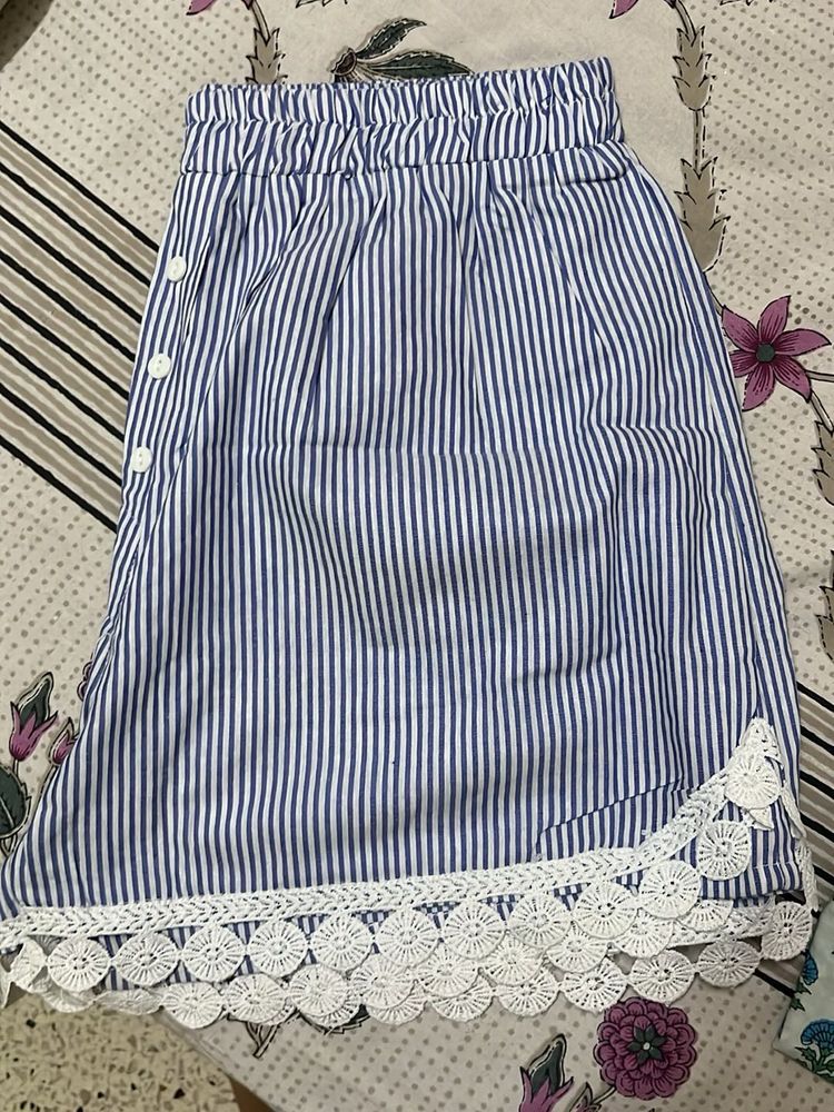 Blue Striped Shorts with Lace Trim