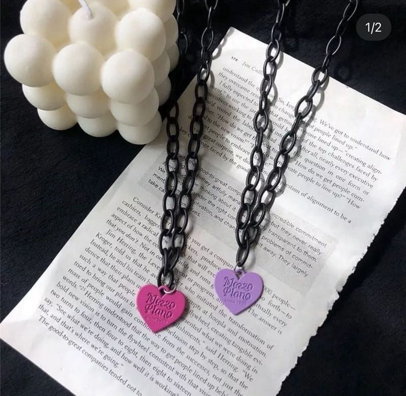 Chunky Black Chain Pink Heart Necklace Set