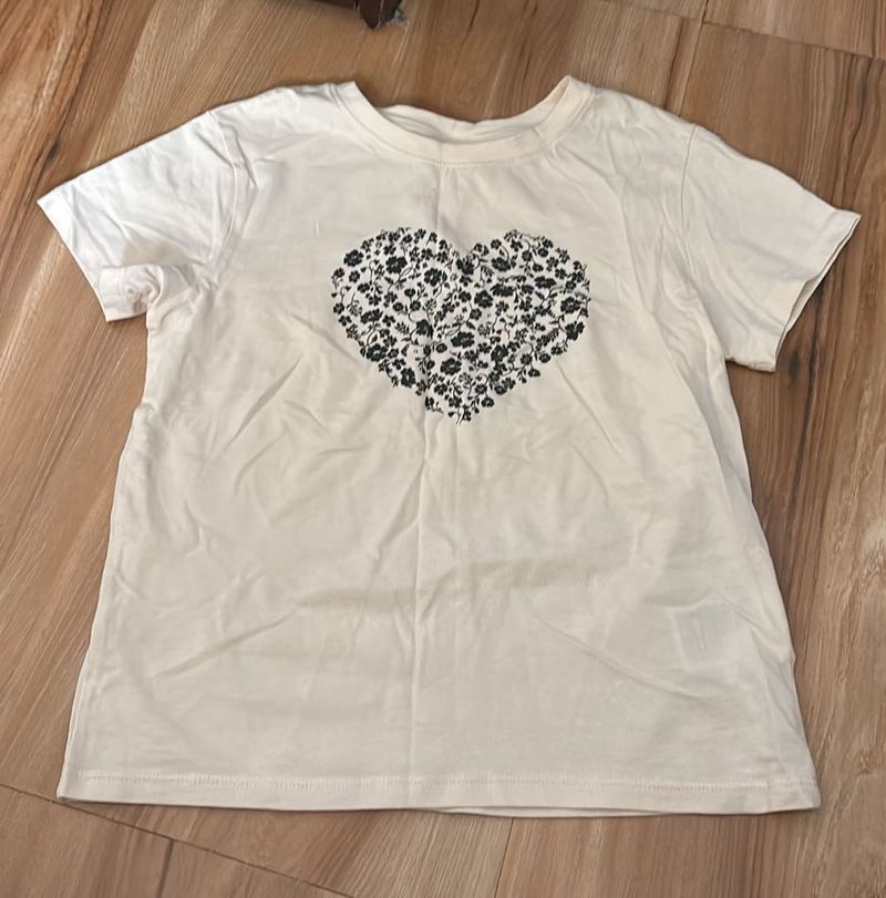 White T-Shirt with Floral Heart Print