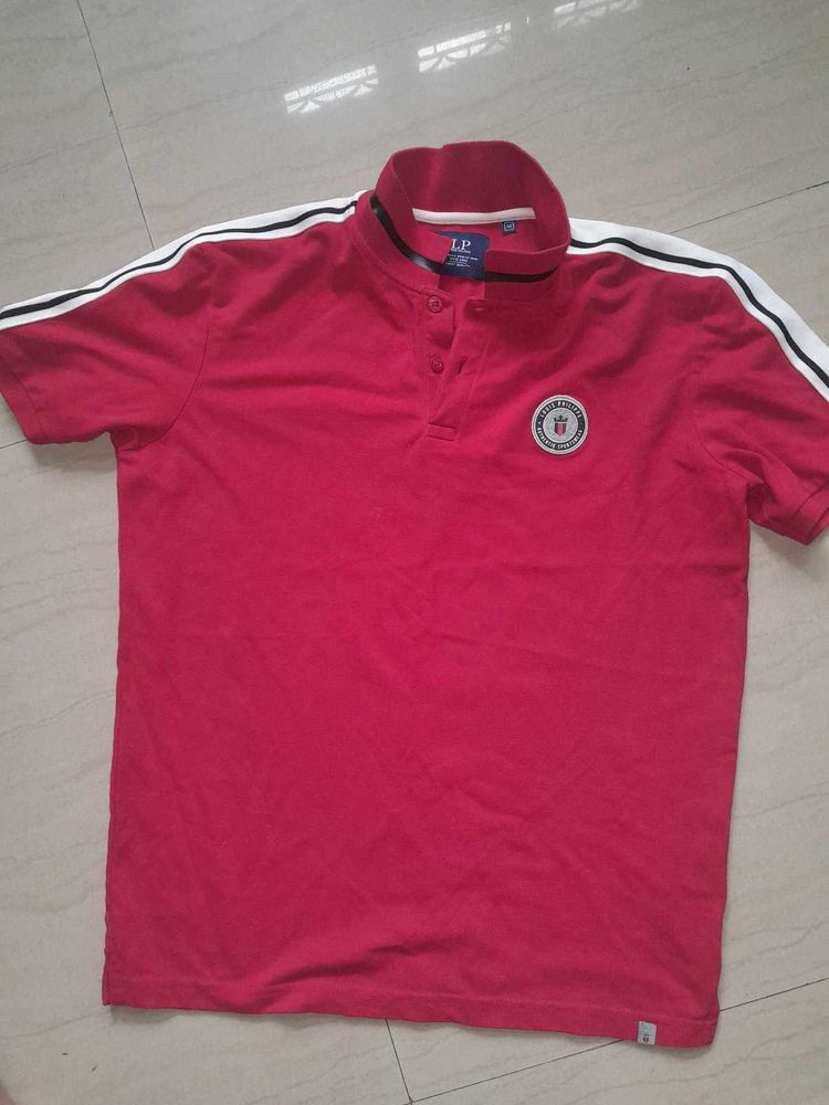 Red Polo T-Shirt with Stripe Sleeves