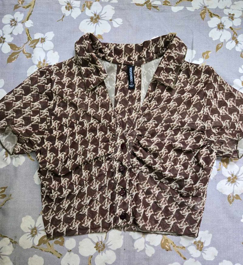 Chic Brown Monogram Print Crop Top