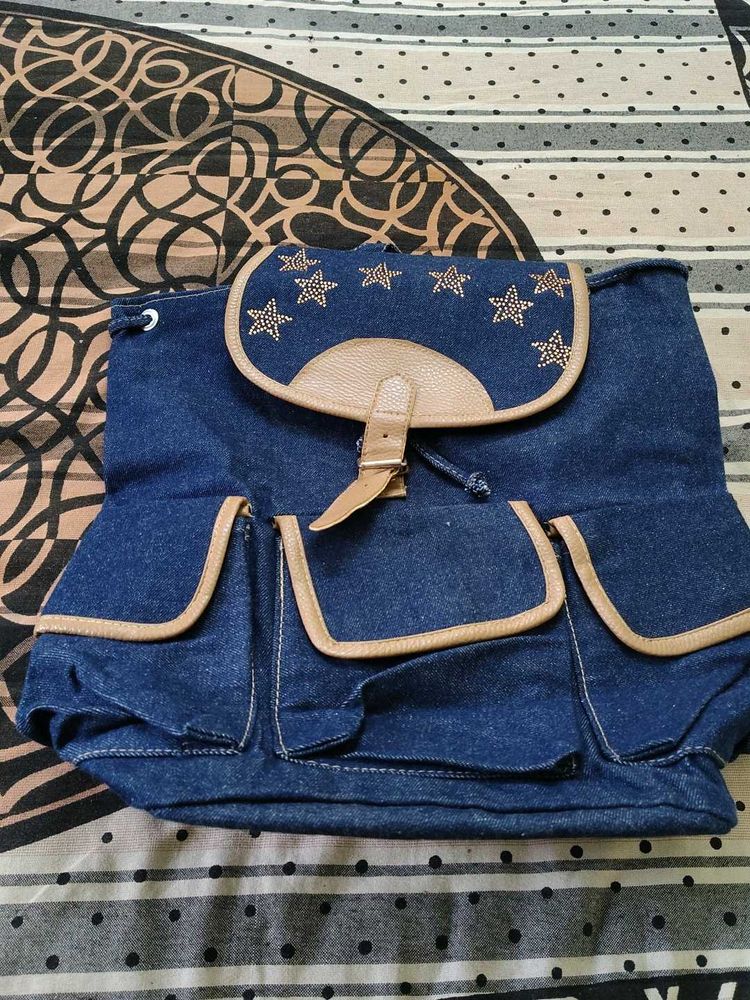 Denim Backpack with Star Embellishments