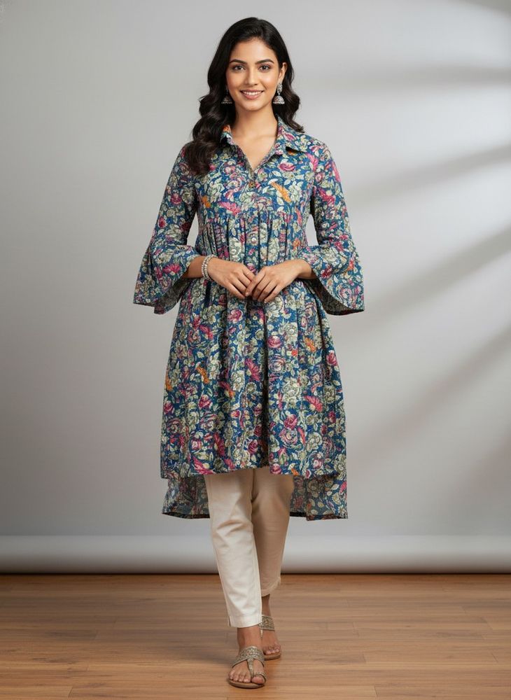 Blue Floral Print Kurta Top