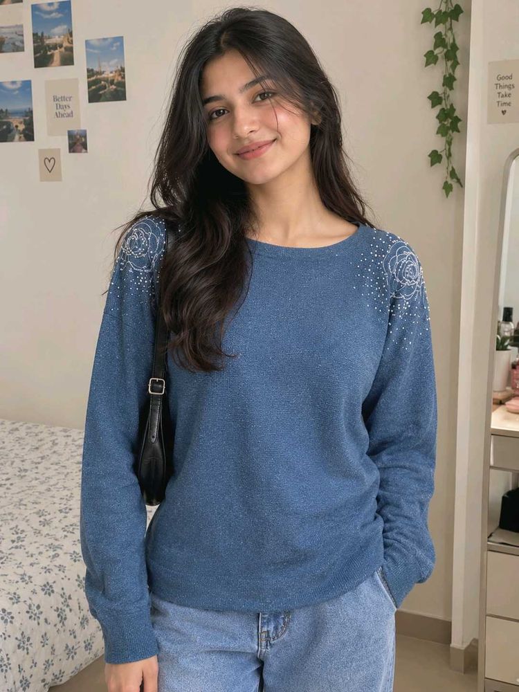 Sparkly Blue Pullover Sweater with Rose Detail