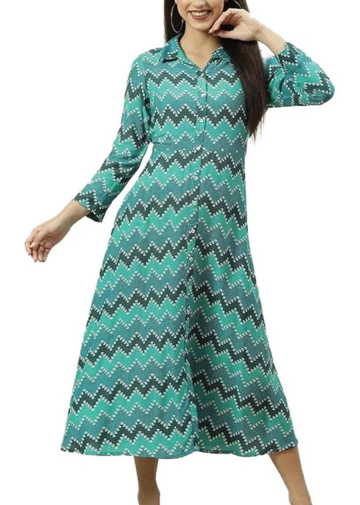 Biba Green Tarquoise Chevron Block Print Dress