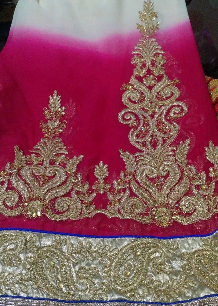 Embroidered Pink and White Saree