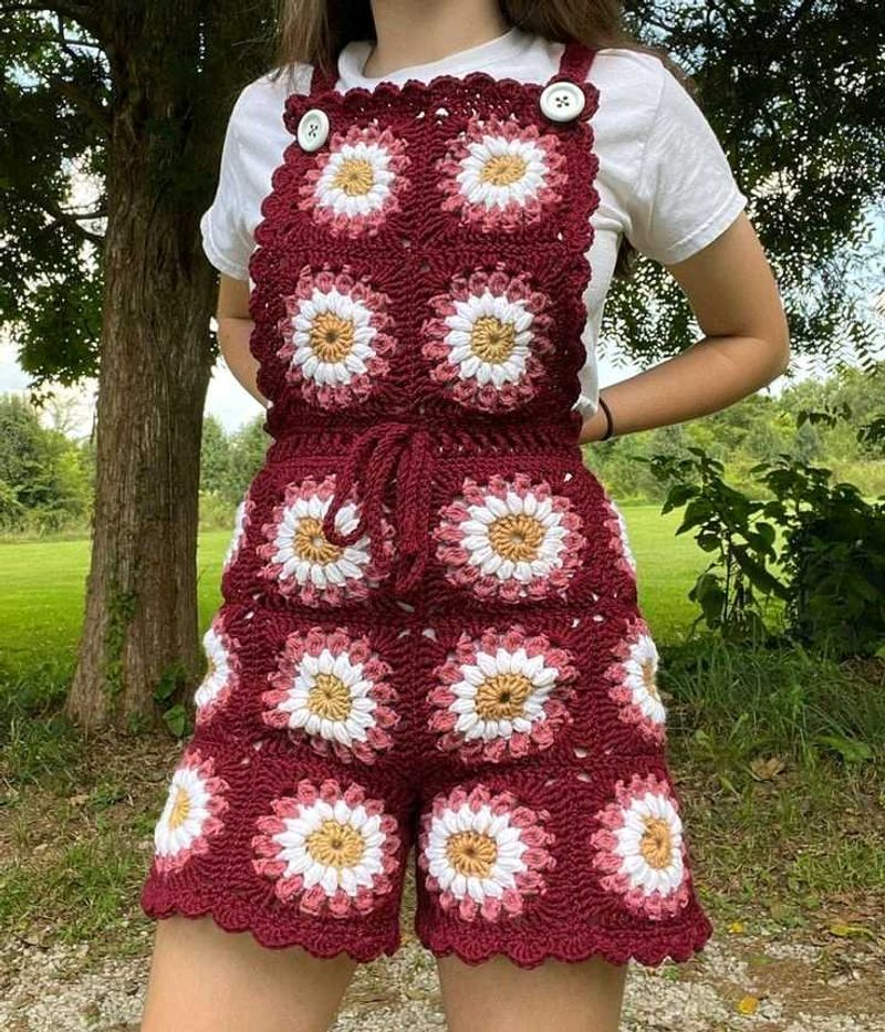 Boho Crochet Floral Shortalls