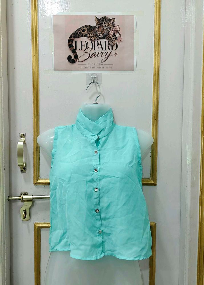Sleeveless Aqua Button-Up Top