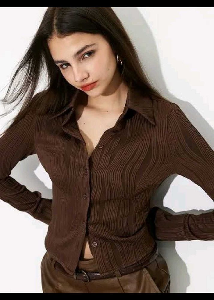 Brown Ribbed Button-Up Shirt