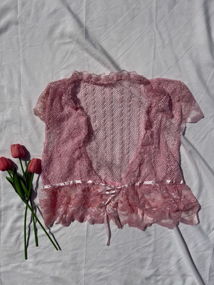 Pink Lace Cropped Cardigan