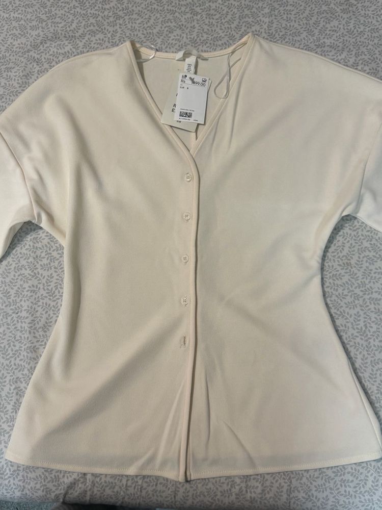 Cream V-Neck Button-Up Top