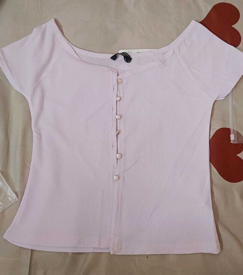 Light Pink Button-Up off shouldered Cropped Top