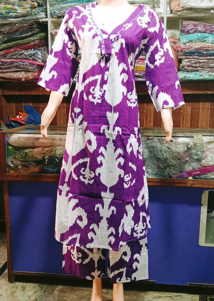 Purple &amp; White Printed Pant Set