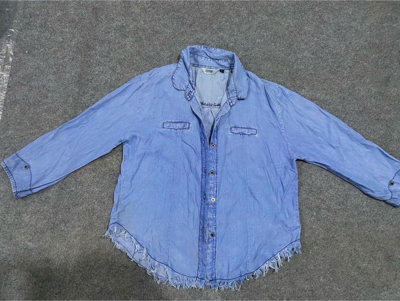 Denim Frayed Hem Shirt