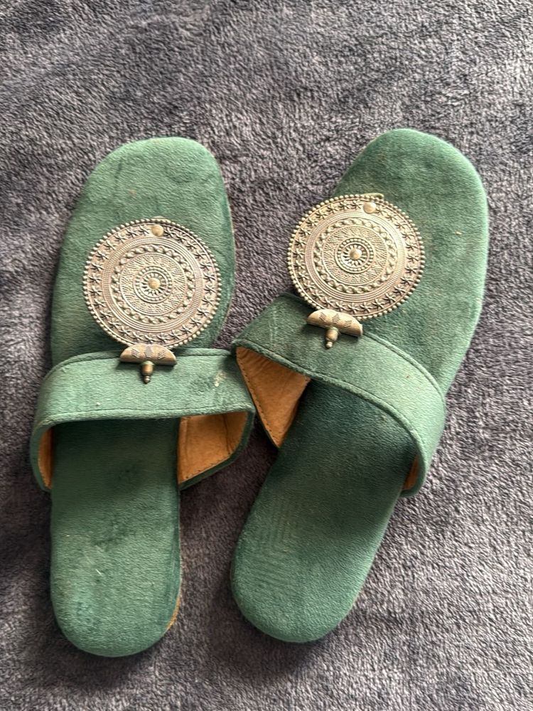 Ethnic Green Embellished Slip-Ons